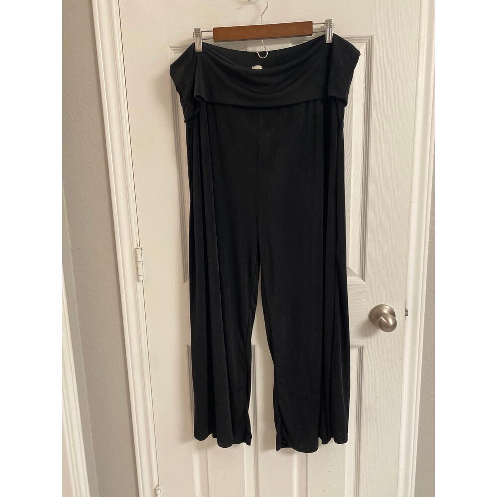 Casual Slinky Knit Black Palazzo Fold-over Crop Pants Wide Leg Plus Size 3X